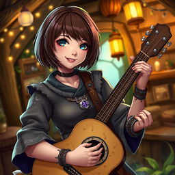 A beautiful female bard character with a short brown bob haircut and striking blue eyes, strumming a guitar in a fantasy-themed setting