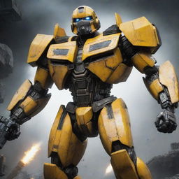 Illustrate a dramatic scene where Bumblebee, a bright yellow Autobot, is being initiated into the ranks of the menacing Terroncons, amidst a backdrop of interstellar warfare.