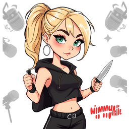 A cartoon depiction of a pretty blonde girl in her early 20s, dressed in a stylish black sleeveless crop top with a hood and matching black yoga pants