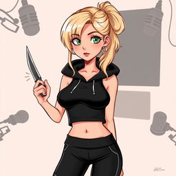 A cartoon depiction of a pretty blonde girl in her early 20s, dressed in a stylish black sleeveless crop top with a hood and matching black yoga pants