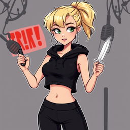 A cartoon depiction of a pretty blonde girl in her early 20s, dressed in a stylish black sleeveless crop top with a hood and matching black yoga pants