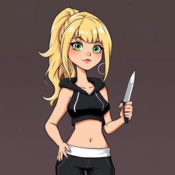 A cartoon depiction of a pretty blonde girl in her early 20s, dressed in a stylish black sleeveless crop top with a hood and matching black yoga pants