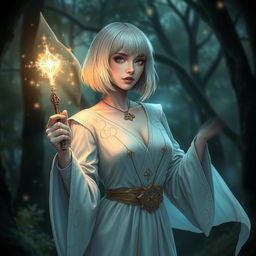 A beautiful aasimar sorceress with a light bob haircut, wearing an elegant, flowing robe adorned with magical symbols