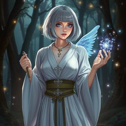 A beautiful aasimar sorceress with a light bob haircut, wearing an elegant, flowing robe adorned with magical symbols