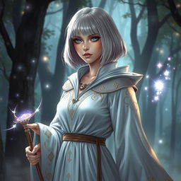 A beautiful aasimar sorceress with a light bob haircut, wearing an elegant, flowing robe adorned with magical symbols