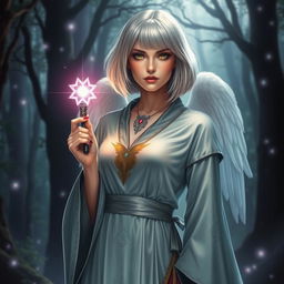 A beautiful aasimar sorceress with a light bob haircut, wearing an elegant, flowing robe adorned with magical symbols