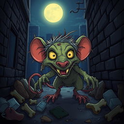 A cartoon-style depiction of a zombie rat with tattered fur and glowing eyes, emerging from a dark alleyway