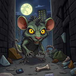 A cartoon-style depiction of a zombie rat with tattered fur and glowing eyes, emerging from a dark alleyway