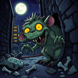 A cartoon-style depiction of a zombie rat with tattered fur and glowing eyes, emerging from a dark alleyway