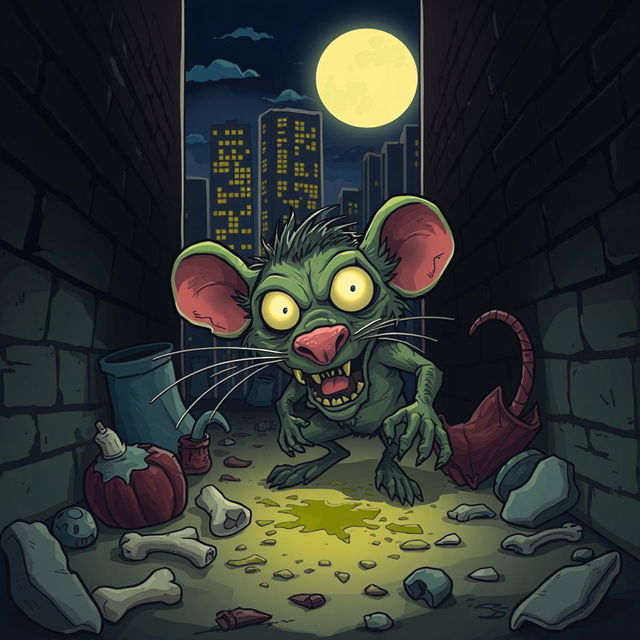 A cartoon-style depiction of a zombie rat with tattered fur and glowing eyes, emerging from a dark alleyway