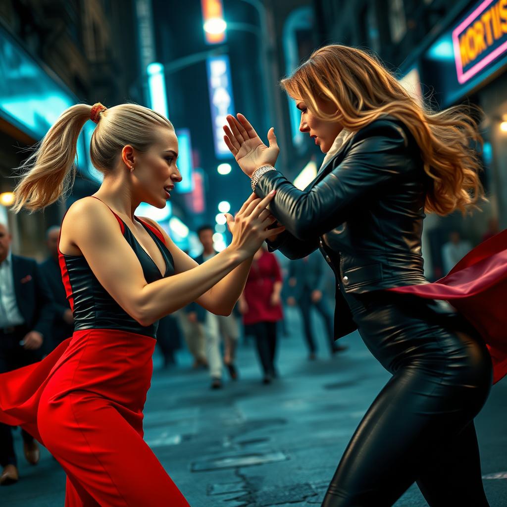 A dynamic and intense catfight between two stylish women, Margot Robbie and Elizabeth Olsen, in a dramatic urban setting