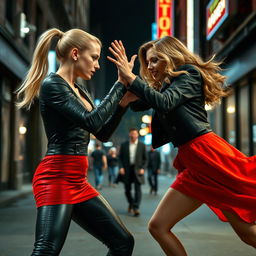 A dynamic and intense catfight between two stylish women, Margot Robbie and Elizabeth Olsen, in a dramatic urban setting