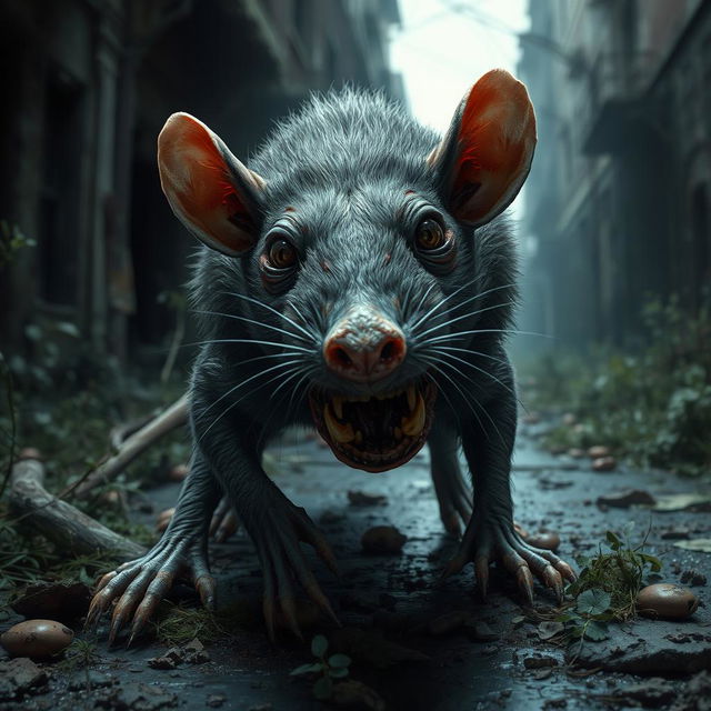 A realistic depiction of a zombie rat inspired by 'The Last of Us', featuring decayed fur and an unsettling, grim appearance