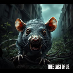 A realistic depiction of a zombie rat inspired by 'The Last of Us', featuring decayed fur and an unsettling, grim appearance