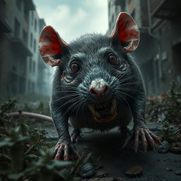 A realistic depiction of a zombie rat inspired by 'The Last of Us', featuring decayed fur and an unsettling, grim appearance