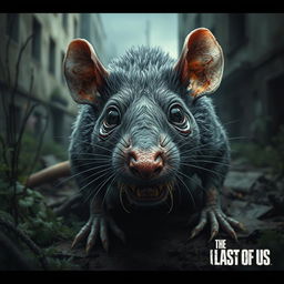 A realistic depiction of a zombie rat inspired by 'The Last of Us', featuring decayed fur and an unsettling, grim appearance