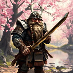 A fierce DnD Samurai Dwarf, standing tall and proud with a traditional samurai armor made of intricately detailed metal and leather, showcasing a blend of Dwarven craftsmanship and Eastern aesthetics