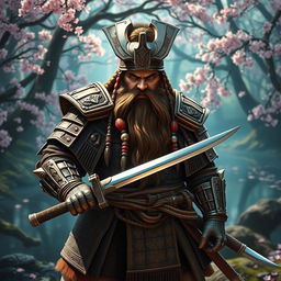 A fierce DnD Samurai Dwarf, standing tall and proud with a traditional samurai armor made of intricately detailed metal and leather, showcasing a blend of Dwarven craftsmanship and Eastern aesthetics