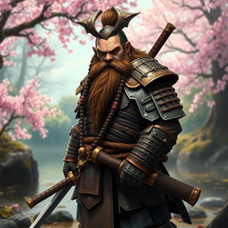 A fierce DnD Samurai Dwarf, standing tall and proud with a traditional samurai armor made of intricately detailed metal and leather, showcasing a blend of Dwarven craftsmanship and Eastern aesthetics