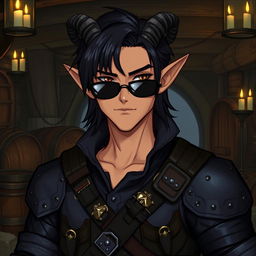 A male tiefling character with light brown skin, long black bangs, and stylish sunglasses