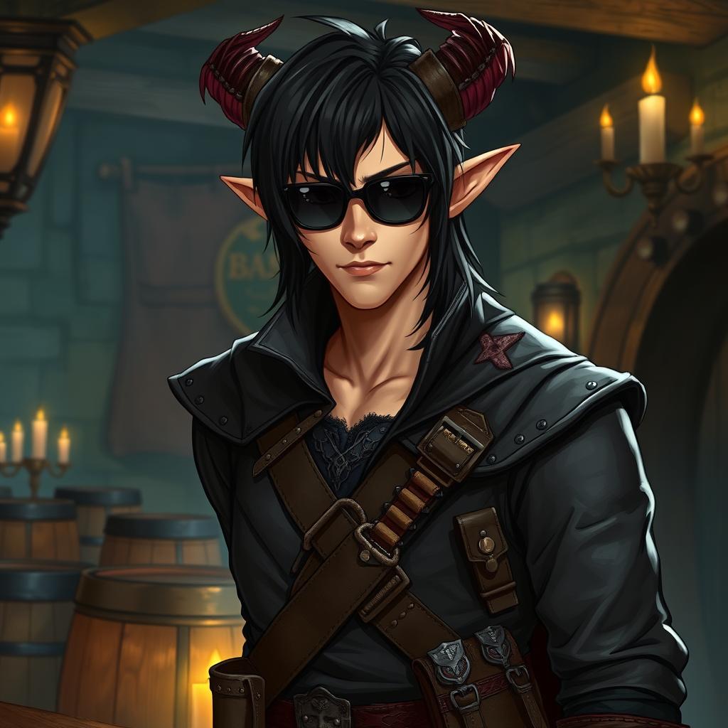 A male tiefling character with light brown skin, long black bangs, and stylish sunglasses