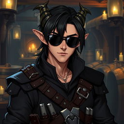 A male tiefling character with light brown skin, long black bangs, and stylish sunglasses