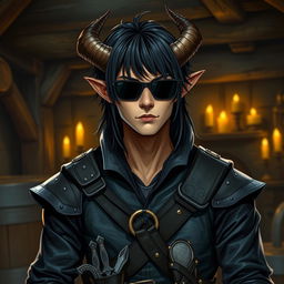 A male tiefling character with light brown skin, long black bangs, and stylish sunglasses