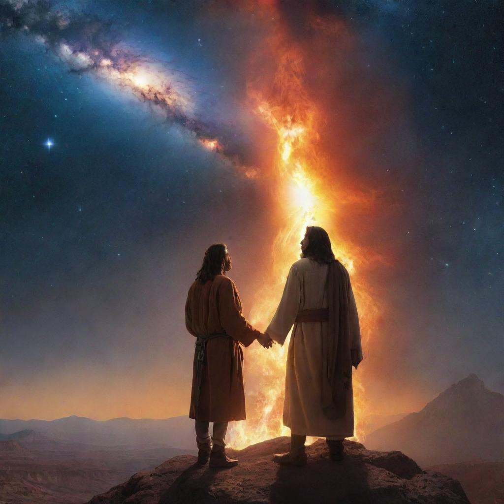 Modify the image to show the adult explorer, still surrounded by his flaming aura, in deep, soulful conversation with the divine figure of Jesus against the panoramic view of the galaxy.