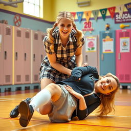 A playful and energetic scene depicting Margot Robbie as a schoolgirl, wearing a classic school uniform with a plaid skirt and knee-high socks