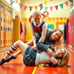 A playful and energetic scene depicting Margot Robbie as a schoolgirl, wearing a classic school uniform with a plaid skirt and knee-high socks