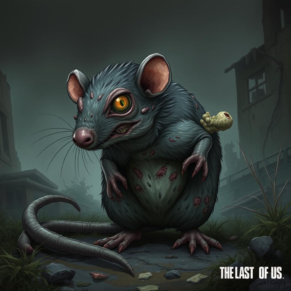 A detailed, realistic illustration of a zombie rat infected by a fungus, inspired by 'The Last of Us'