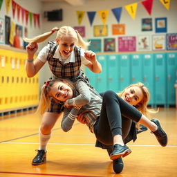 A playful and energetic scene depicting Margot Robbie as a schoolgirl, wearing a classic school uniform with a plaid skirt and knee-high socks