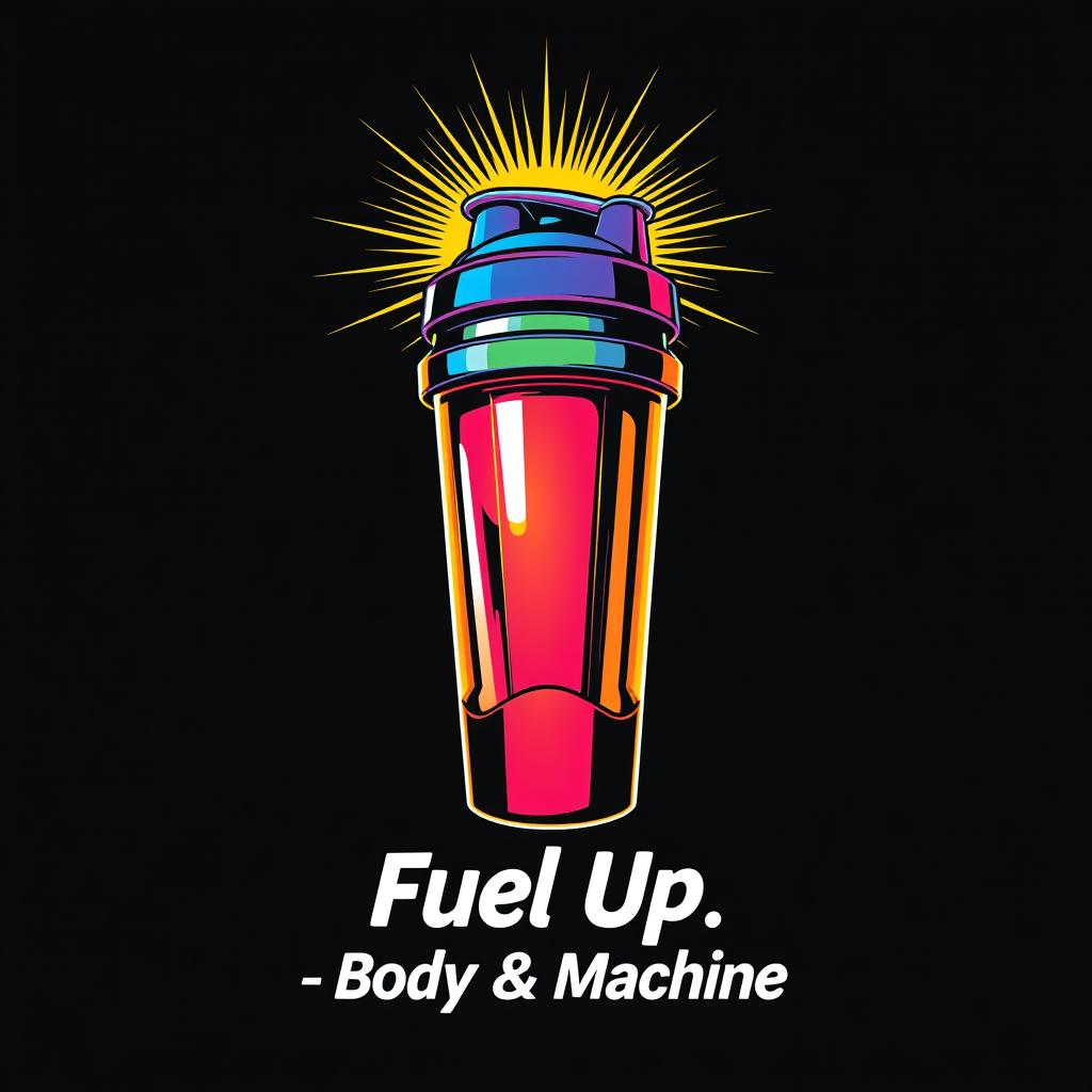 An artistic representation featuring a vibrant gym shaker bottle seamlessly merging into a motorcycle gas tank at the top