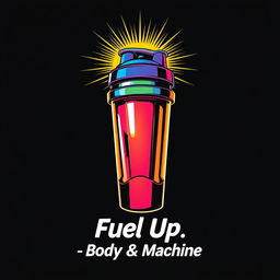 An artistic representation featuring a vibrant gym shaker bottle seamlessly merging into a motorcycle gas tank at the top