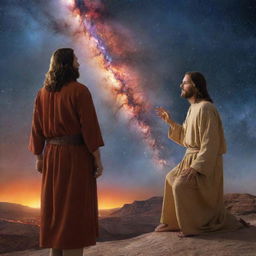 Modify the image to show the adult explorer, still surrounded by his flaming aura, in deep, soulful conversation with the divine figure of Jesus against the panoramic view of the galaxy.