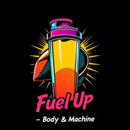 An artistic representation featuring a vibrant gym shaker bottle seamlessly merging into a motorcycle gas tank at the top