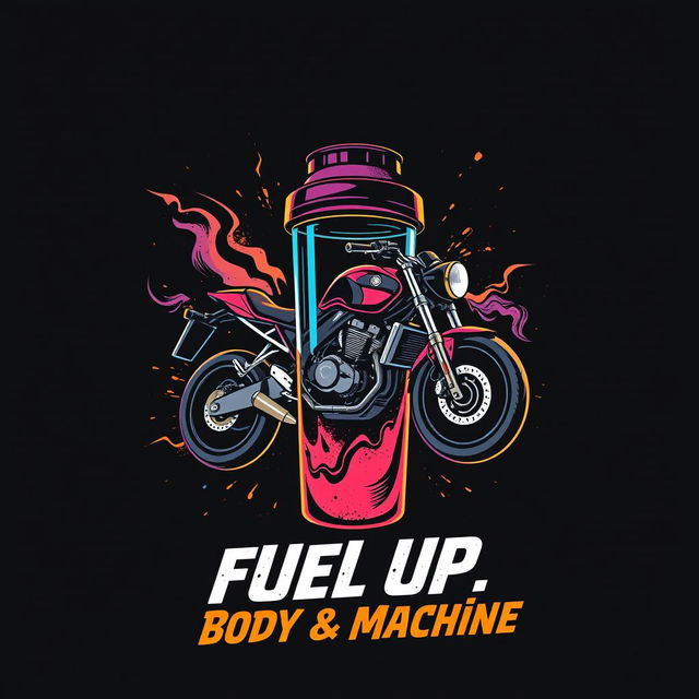 An innovative and captivating image featuring a gym shaker bottle and a motorcycle merging seamlessly at the top, symbolizing the connection between fitness and machinery