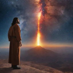 Modify the image to show the adult explorer, still surrounded by his flaming aura, in deep, soulful conversation with the divine figure of Jesus against the panoramic view of the galaxy.