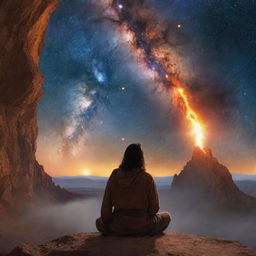 Modify the image to show the adult explorer, still surrounded by his flaming aura, in deep, soulful conversation with the divine figure of Jesus against the panoramic view of the galaxy.