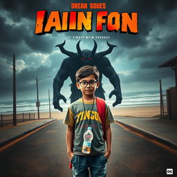 A cinematic action horror fantasy comedy film poster featuring a bespectacled young Indian boy, simple and unassuming, dressed in a colorful T-shirt and casual pants, with a school bag slung over his shoulder