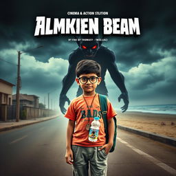 A cinematic action horror fantasy comedy film poster featuring a bespectacled young Indian boy, simple and unassuming, dressed in a colorful T-shirt and casual pants, with a school bag slung over his shoulder