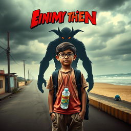 A cinematic action horror fantasy comedy film poster featuring a bespectacled young Indian boy, simple and unassuming, dressed in a colorful T-shirt and casual pants, with a school bag slung over his shoulder