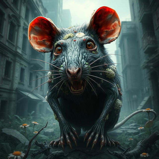 An intricate and realistic portrayal of a zombie rat infected by a fungus, inspired by 'The Last of Us'