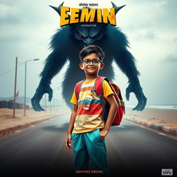 A cinematic action horror fantasy comedy film poster featuring a bespectacled young Indian boy dressed in a colorful T-shirt and pants