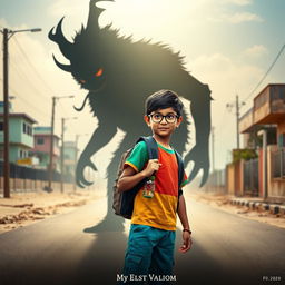 A cinematic action horror fantasy comedy film poster featuring a bespectacled young Indian boy dressed in a colorful T-shirt and pants