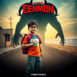 A cinematic action horror fantasy comedy film poster featuring a bespectacled young Indian boy dressed in a colorful T-shirt and pants