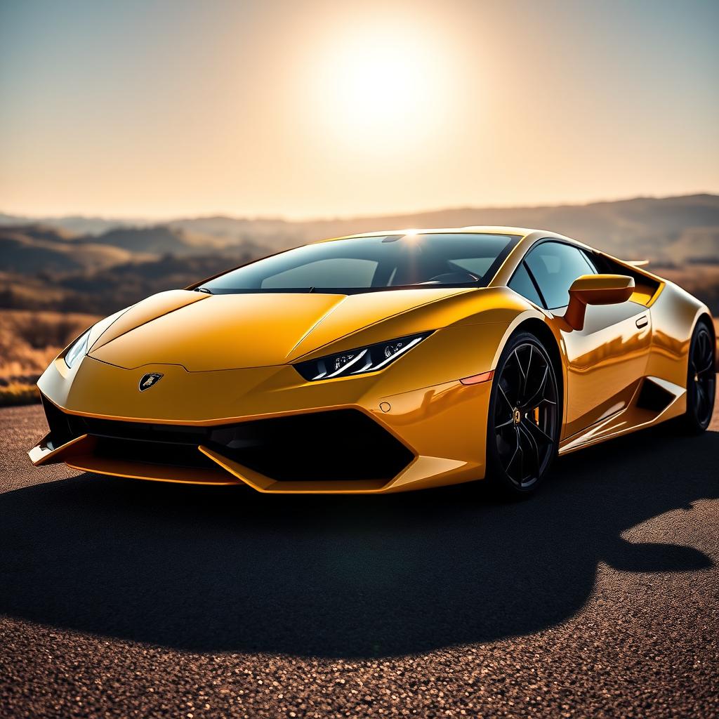 A sleek, shiny Lamborghini parked under a dazzling sunset, showcasing its vibrant yellow color