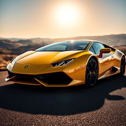 A sleek, shiny Lamborghini parked under a dazzling sunset, showcasing its vibrant yellow color