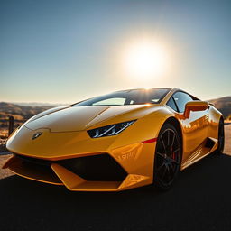 A sleek, shiny Lamborghini parked under a dazzling sunset, showcasing its vibrant yellow color