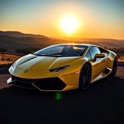 A sleek, shiny Lamborghini parked under a dazzling sunset, showcasing its vibrant yellow color